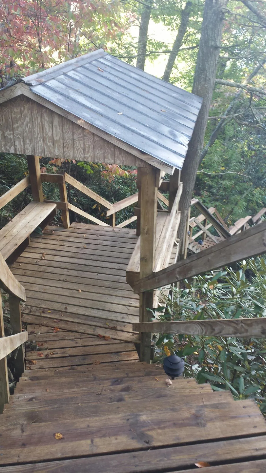 Metal roofed shelter over wooden steps on a wooded walkway — Skylight Repair & Installation work by our crew in Jay Em